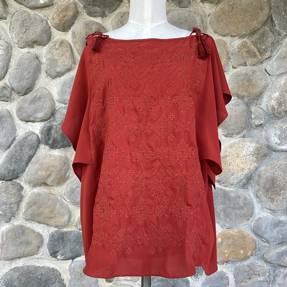 Mossimo boho tribal embroidered cayenne red top w/ tassel ties & flutter sleeve